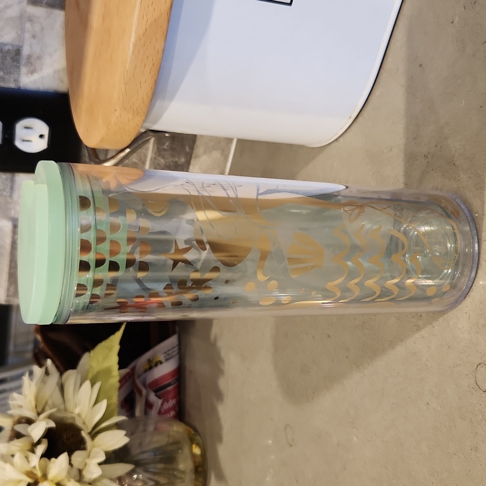 Starbucks 16 oz Cold Cup Tumbler Mint Green and Gold Mermaid Design
